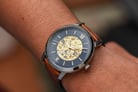 Fossil Neutra ME3160 Automatic Blue Gold Skeleton Dial Brown Leather Strap-7