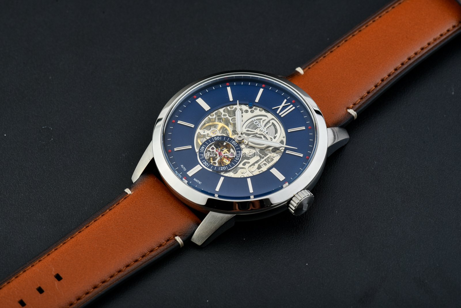 Fossil Townsman ME3154 Automatic Blue Skeleton Dial Light Brown Leather Strap