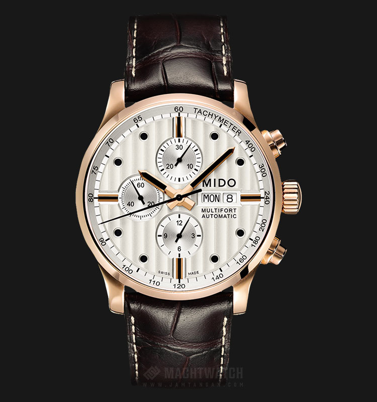 MIDO Multifort M005.614.36.031.00 Chronograph Automatic Silver Dial Brown Leather Strap.