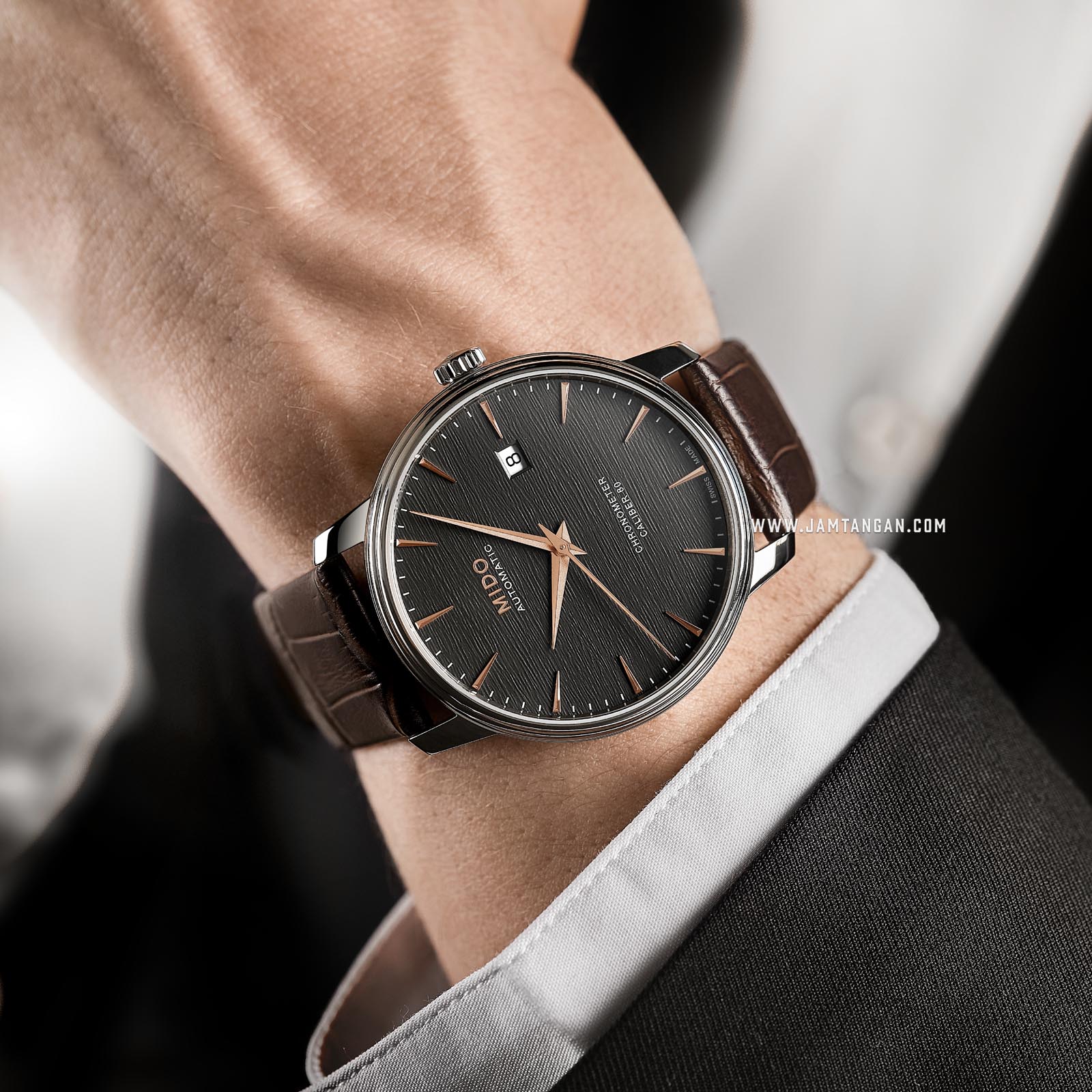 MIDO Baroncelli M027.408.16.061.00 Chronometer Silicon Automatic Anthracite Dial Brown Leather Strap.