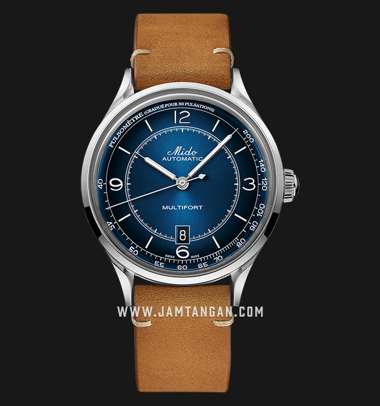MIDO Multifort M040.407.16.040.00 Patrimony Automatic Blue Dial Brown Patina Leather Strap