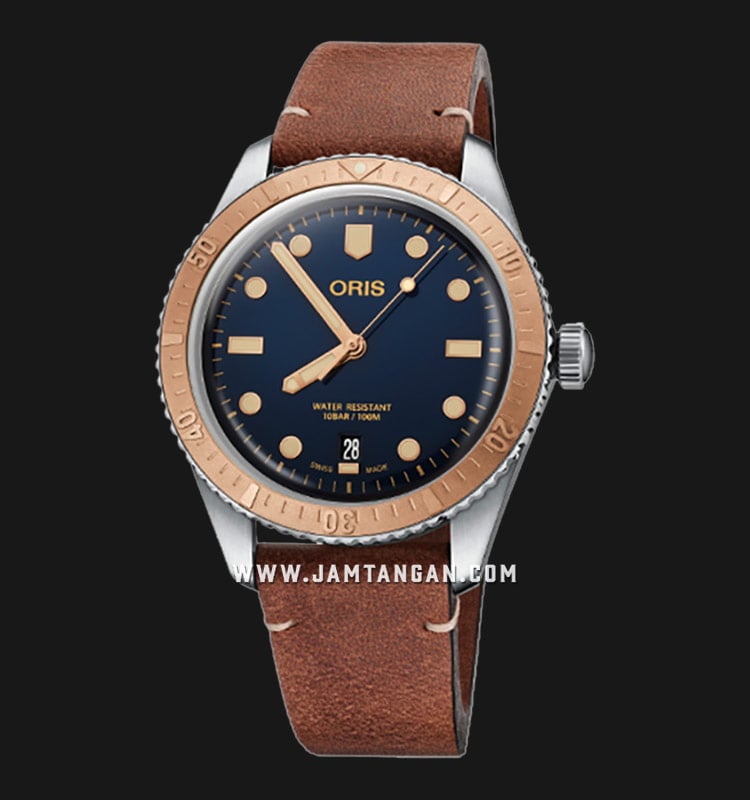 Oris Divers 01-733-7707-4355-07-5-20-45 Sixty-Five Blue Dial Brown Leather Strap
