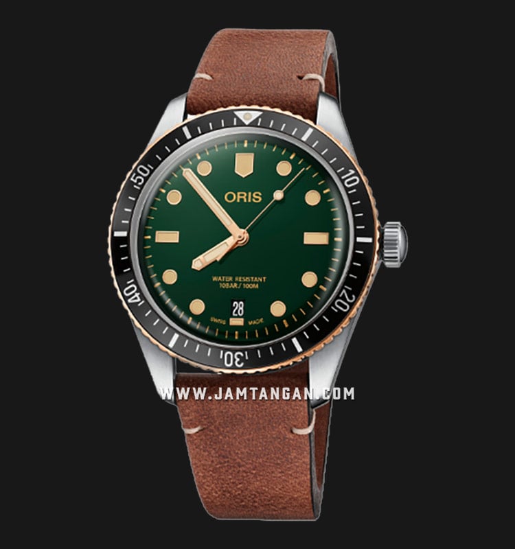 Oris Divers 01-733-7707-4357-07-5-20-45 Sixty-Five Green Dial Brown Leather Strap